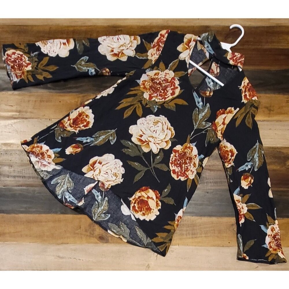Audrey 3+1 Long Sleeve Floral Tunic Choker Neck Teardrop Button Close Back Small